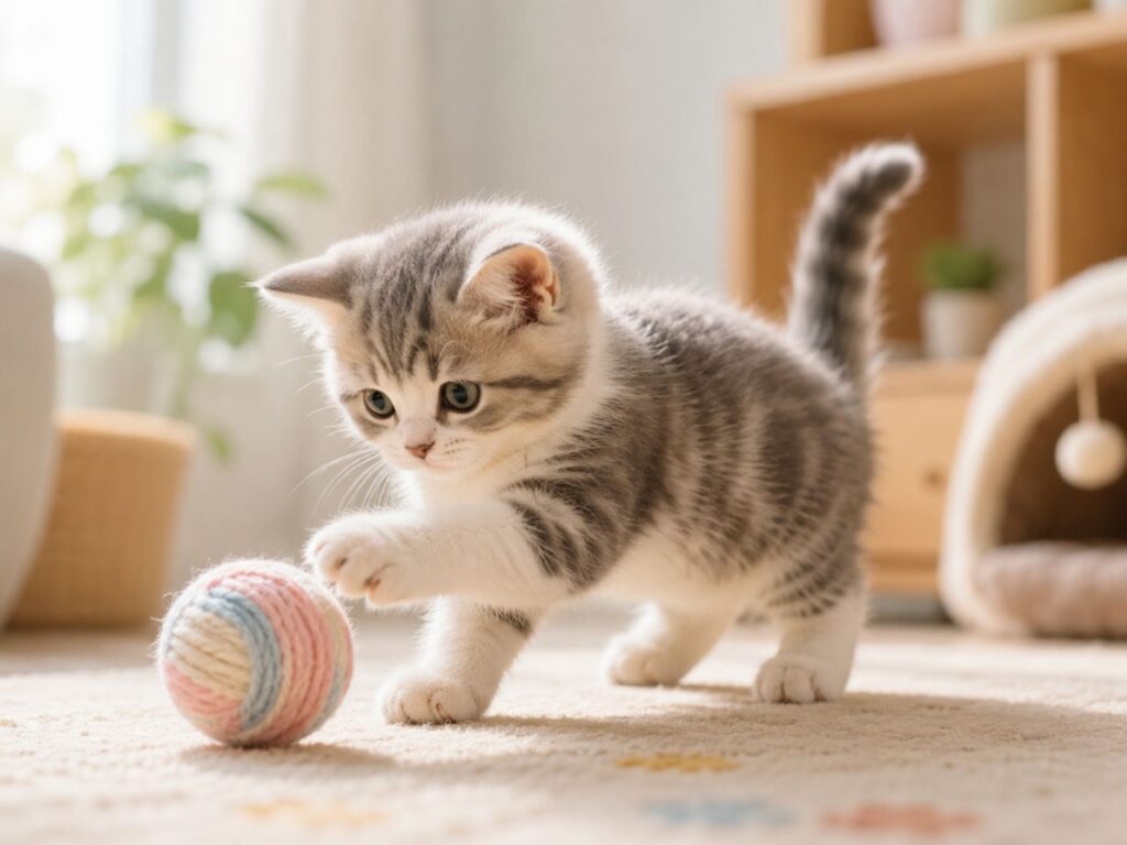 The cat is playing with a ball.